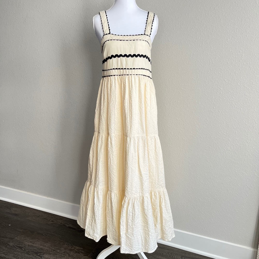 Japna Womens Cotton Seersucker Tiered Maxi Dress Smocked Medium Coquette Ric Rac